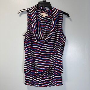 Michael Michael Kors Zebra Stripe Cowl Neck Blouson Top Red Blue White Small